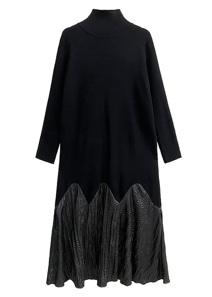 Black High Neck Patchwork Knit Long Dresses Fall