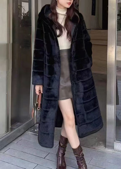 Beige Hooded Pockets Leather and Fur Long Coats Winter