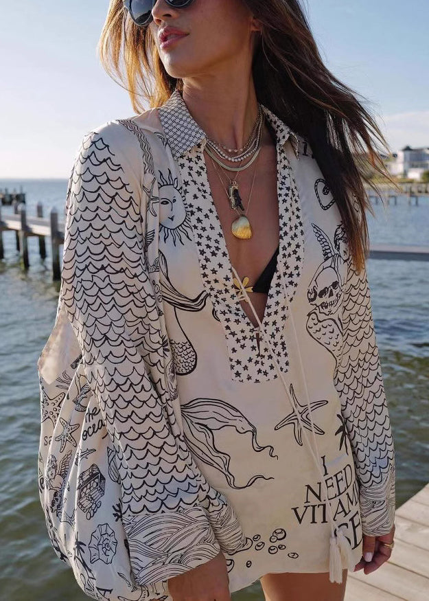 Loose Black Print Lace Up Shirts and Shorts Silk Two Pieces Set Spring
