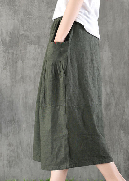 Khaki Elastic Waist Pockets Cotton Linen a Line Skirt Spring