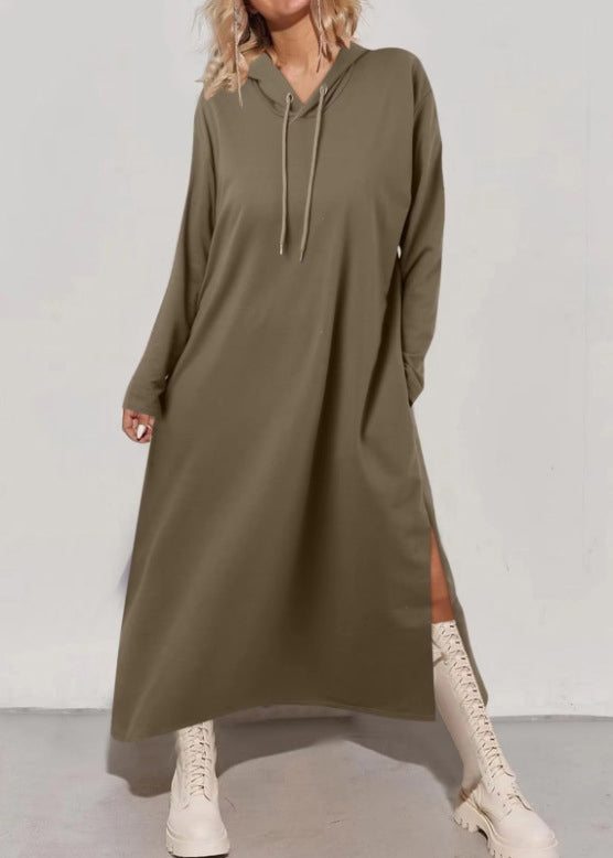 Tea Green Hooded Side Open Cotton Long Dress Fall