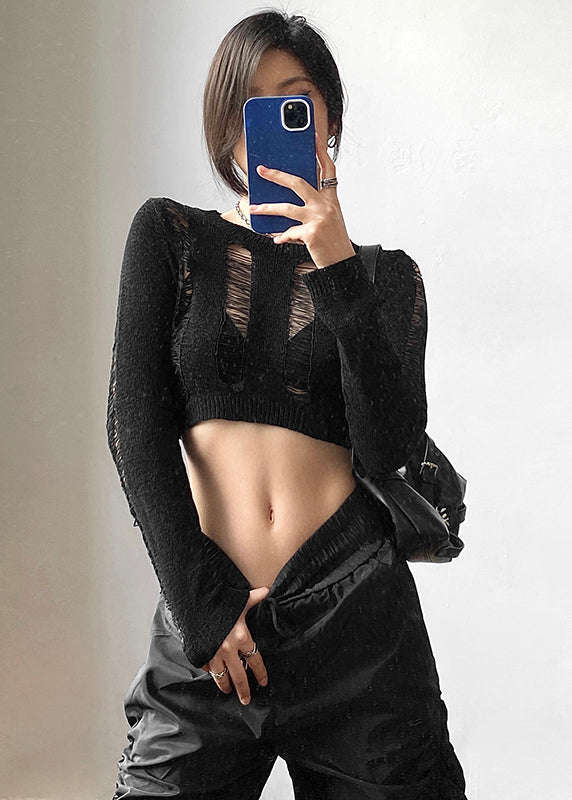 Spicy Girl Style Black Hollow Out Short Knit Top Long Sleeve