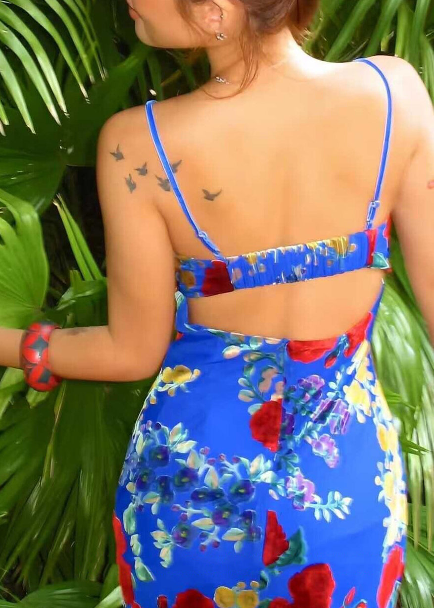 Blue Velvet Jacquard Cotton Summer Spaghetti Strap Dress