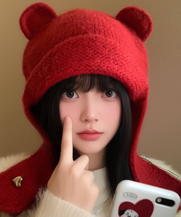Red Thick Knit Ear Protection Warm Bonnie Hat