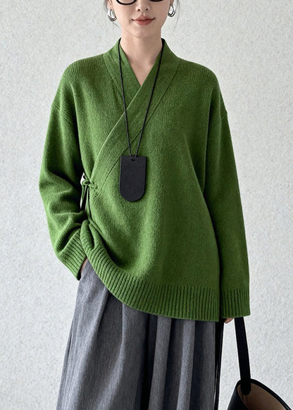 Tea Green Tie Waist Knit Sweaters Winter
