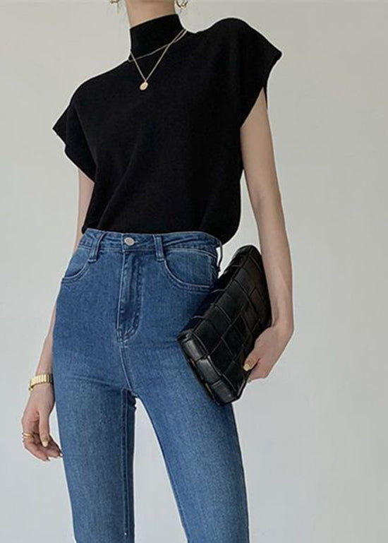 Classy Black Hign Neck Knit T Shirt Top Summer