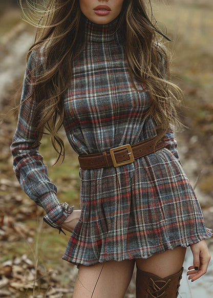 Slim Fit Hign Neck Plaid Cotton Mini Dress Long Sleeve