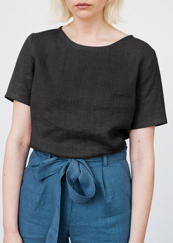 Simple Style White O Neck Linen T Shirts Summer