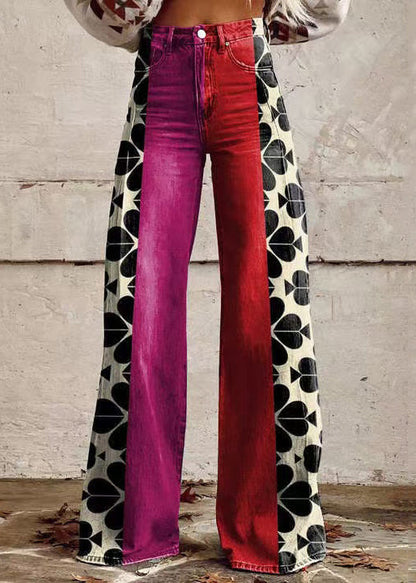 Rose Print Pockets High Waist Denim Pants Spring