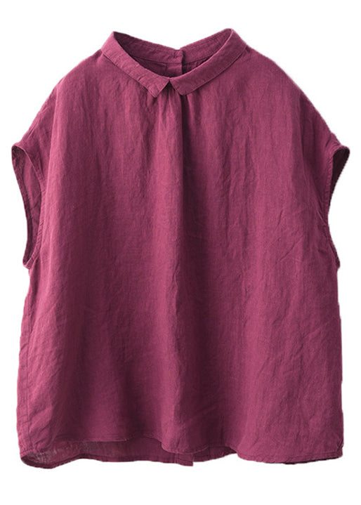 Purple Button Wear on Both Sides Linen Summer Shirts Peter Pan Collar
