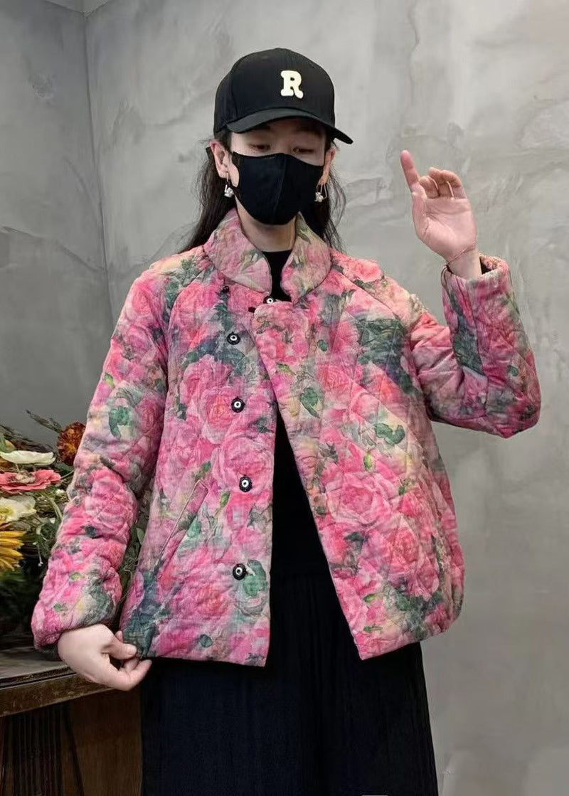 Pink Print Fine Cotton Filled Coat Mandarin Collar Winter