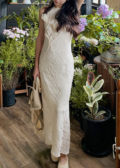 Beige O-neck Side Open Silk Long Dresses Sleeveless
