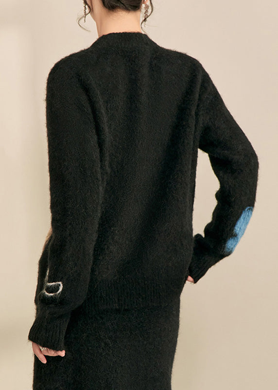 Simple Black Stand Collar Print Butterfly Cozy Cotton Knit Sweater Tops Fall