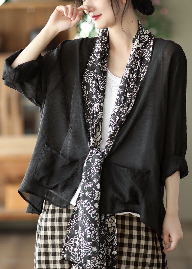 Black Turtle Neck Patchwork Linen Upf 50+ Coat Long Sleeve