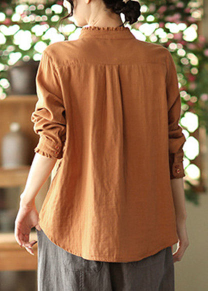 Caramel Stand Collar Button Cotton Shirt Long Sleeve