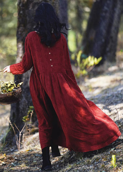 New Wine Red Wrinkled Wear on Both Sides Cotton Dresses Long Sleeve