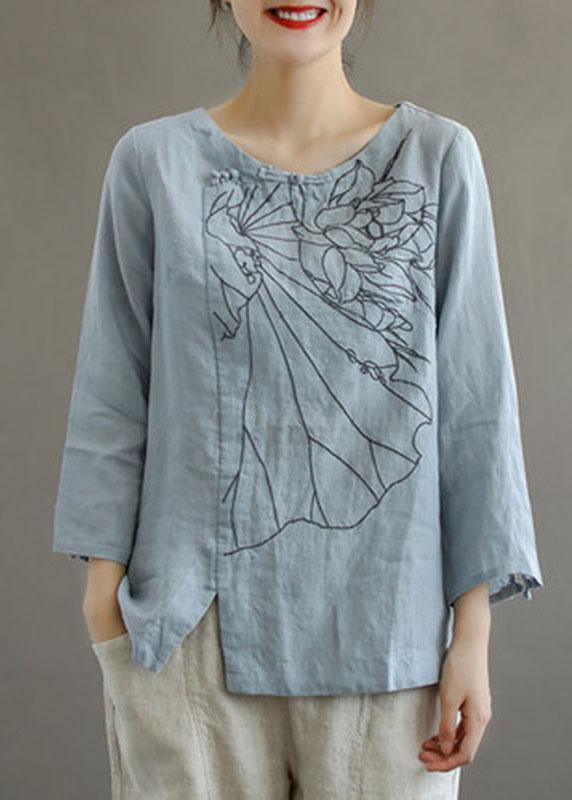 Pink O-neck Button Embroidered Fall Linen Long Sleeve Top