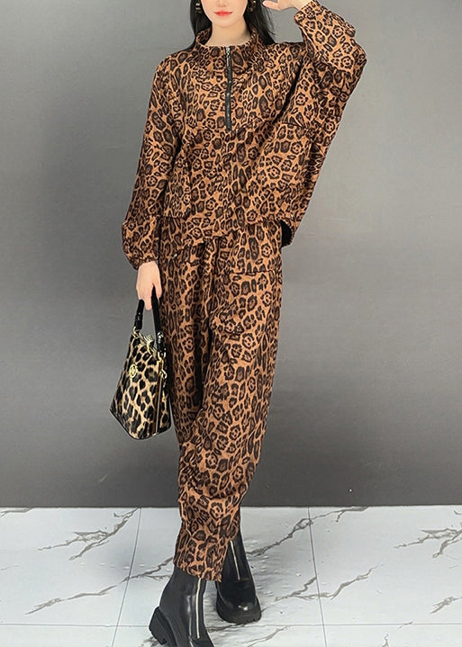 Boutique Brown Leopard Print Tops and Pants Cotton Two Pieces Set Fall