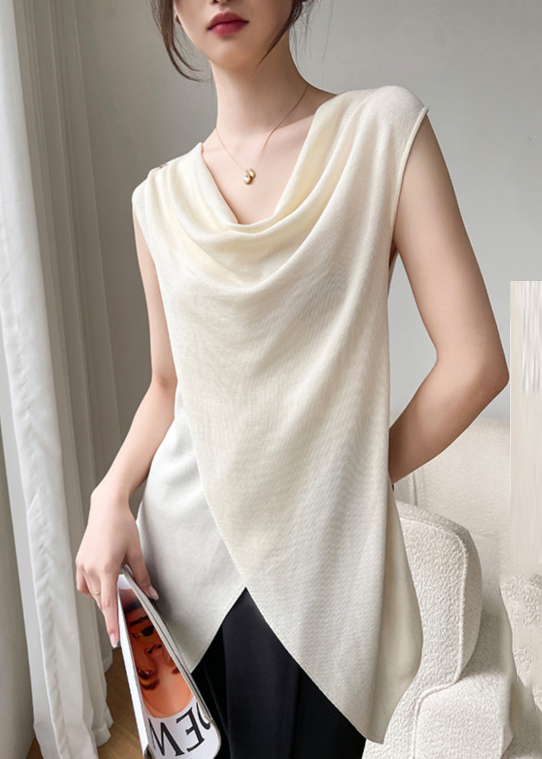Brief Beige Asymmetrical Silk Top Sleeveless