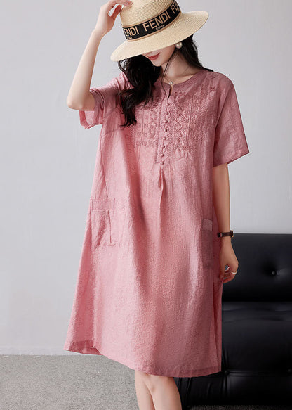 Pink Embroidered Oversized Linen Dresses Summer