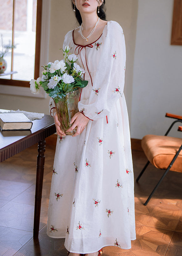 White Embroidered Elastic Waist Cotton Long Dresses Fall
