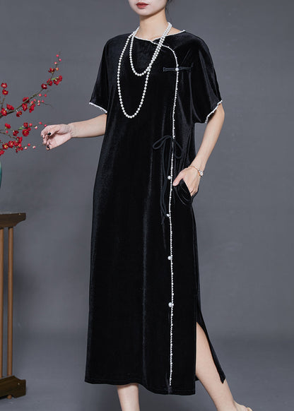 Fine Black Nail Bead Silk Velvet Oriental Dresses Summer