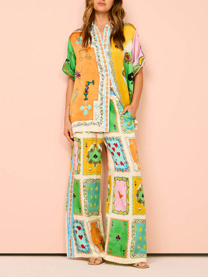 Summer Unique Funny Print Elastic Waist Pocketed Wide Leg Pants