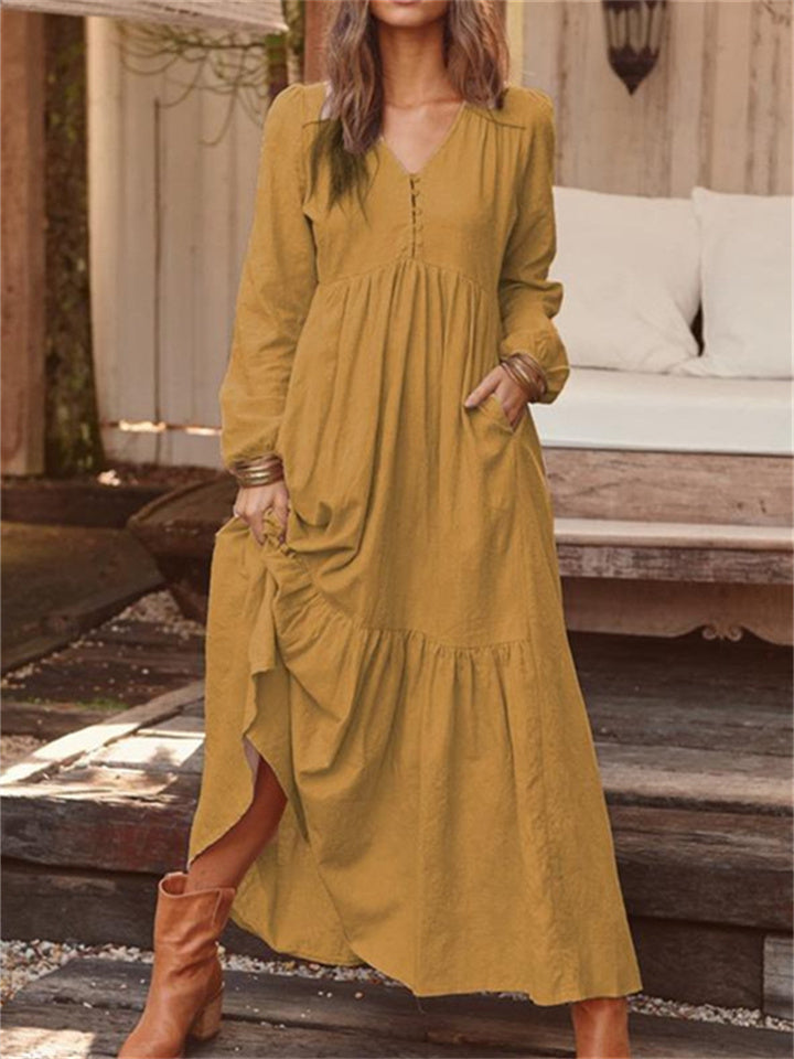 Color Buttoned Cotton and Linen Retro Long-sleeved Dresses Swing Long Dress