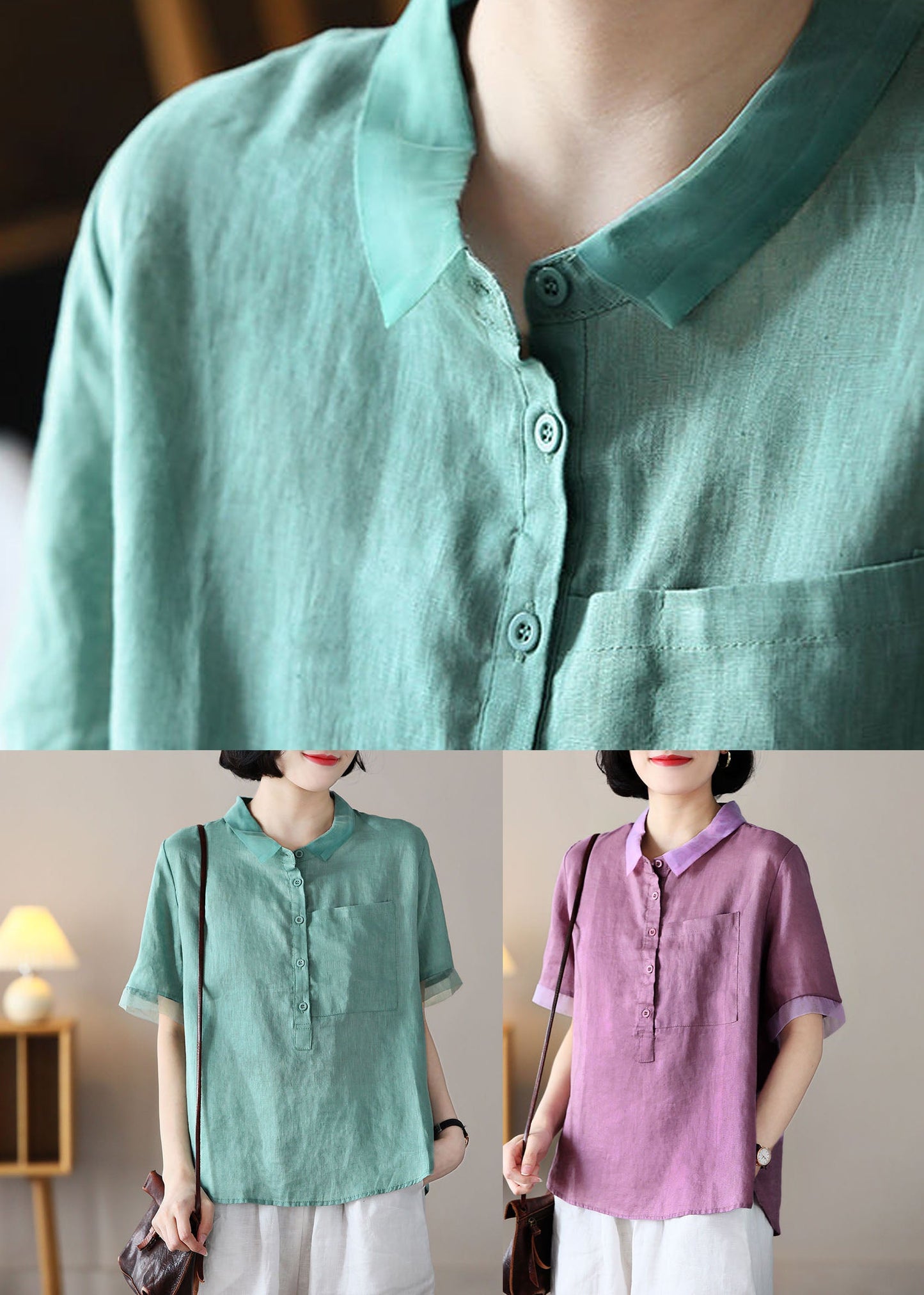 Purple Peter Pan Collar Patchwork Linen Shirt Tops Short Sleeve
