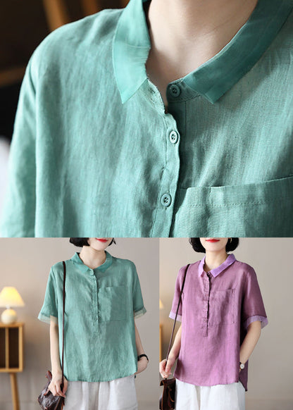 Purple Peter Pan Collar Patchwork Linen Shirt Tops Short Sleeve