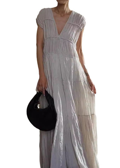 New Grey V Neck Wrinkled Cotton Long Dress Summer