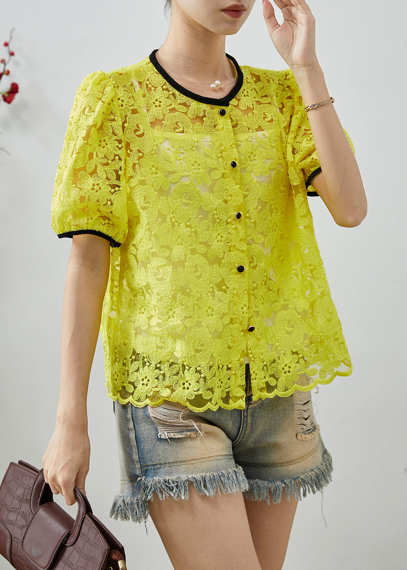 Fluorescent Yellow Embroidered Lace Blouse Top Summer