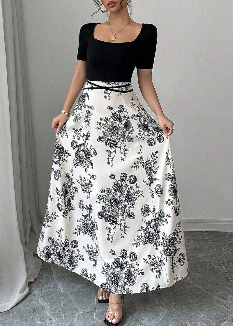 Black O Neck Print Cotton Long Dress Summer