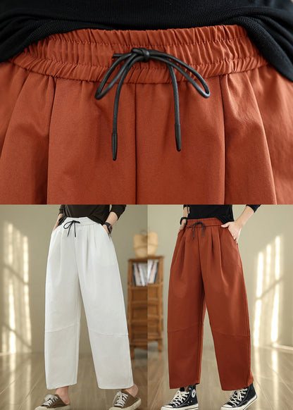 Orange Pockets Loose Cotton Pants Elastic Waist Fall