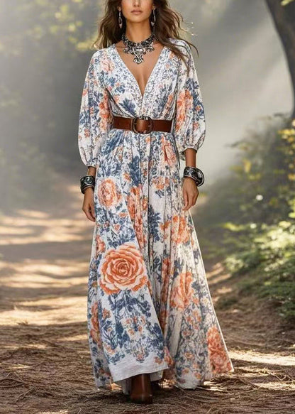 V Neck Print Cotton Tunic Dresses Bracelet Sleeve