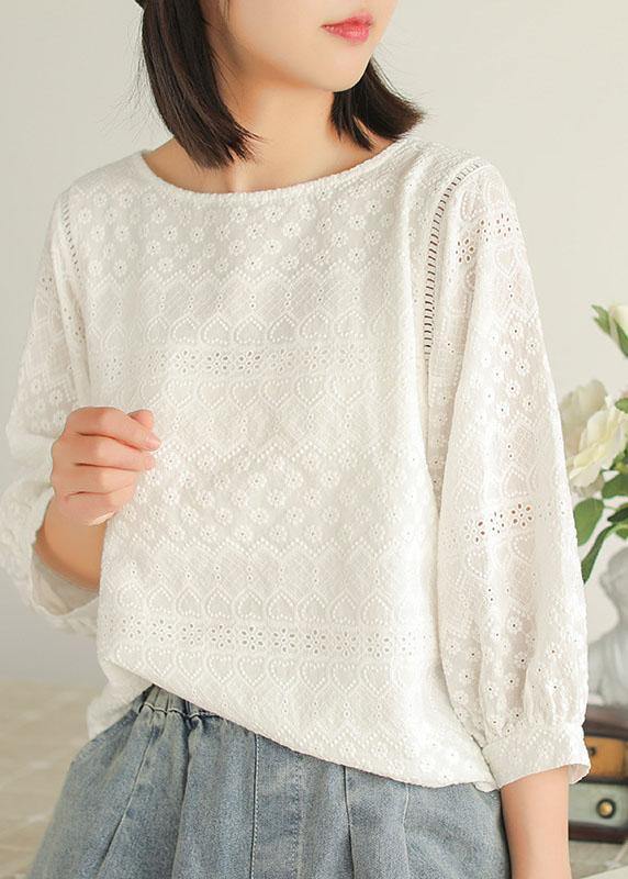 Purple Embroidered Lantern Sleeve Asymmetrical Design Cotton Blouse Top Summer