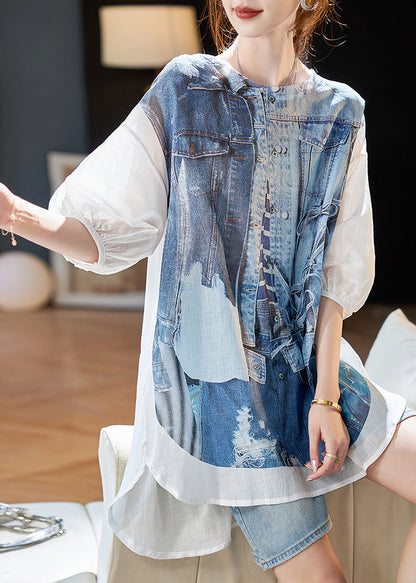 Blue O Neck Print Linen Blouses Half Sleeve