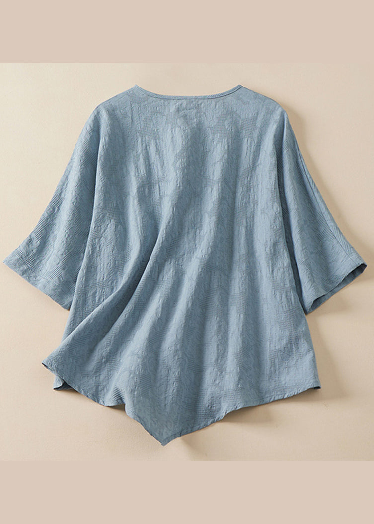 Blue O Neck Chinese Button Jacquard Linen Shirt Summer