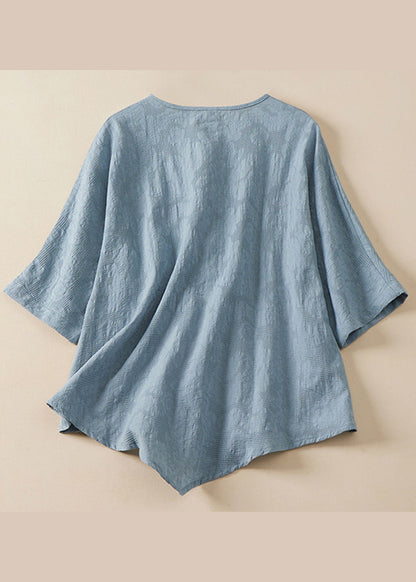 Blue O Neck Chinese Button Jacquard Linen Shirt Summer