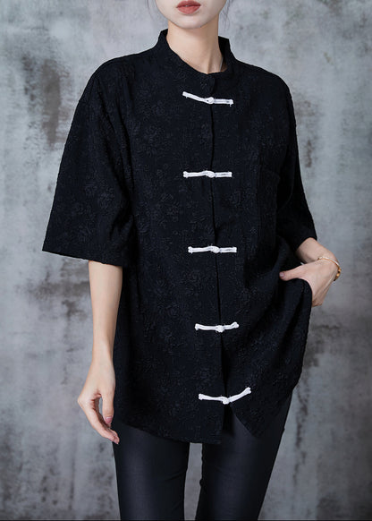 Black Jacquard Loose Silk Shirt Top Chinese Button Summer