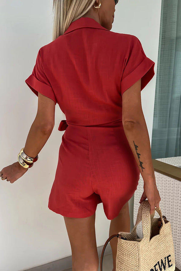 Relaxing Beach Linen Blend Color Wrap Loose Shirt Romper