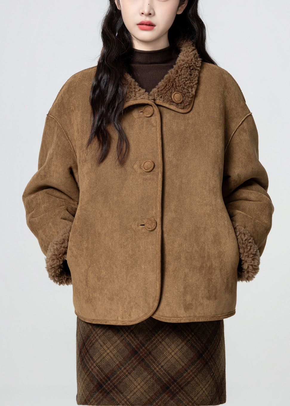 French Coffee Stand Collar Button Fluffy Wear on Both Sides Faux Suede Coats Winter