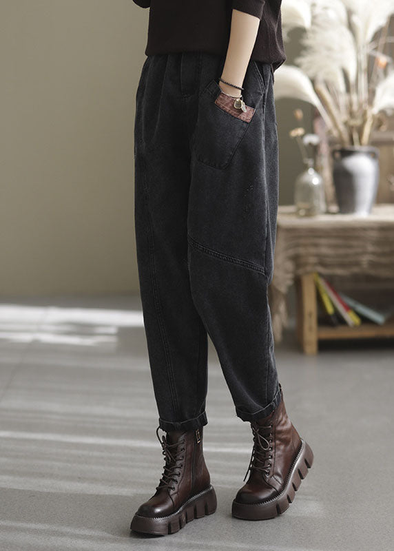 Blue Elastic Waist Pockets Cotton Denim Pants Spring