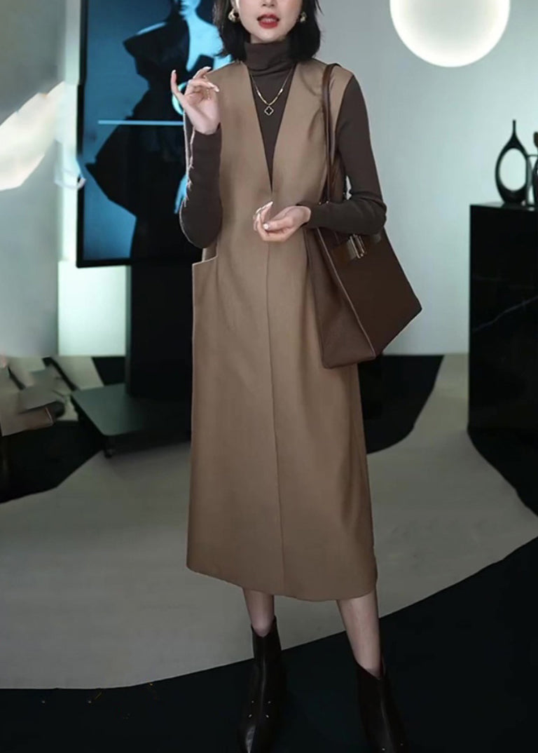 Italian Coffee Patchwork Warm Fleece Long Waistcoat and Dress Two Piece Set Winter