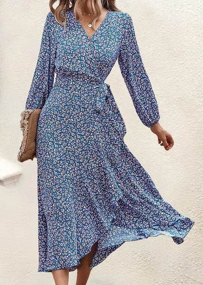 Blue V Neck Print Ruffled Lace Up Chiffon Dress Long Sleeve