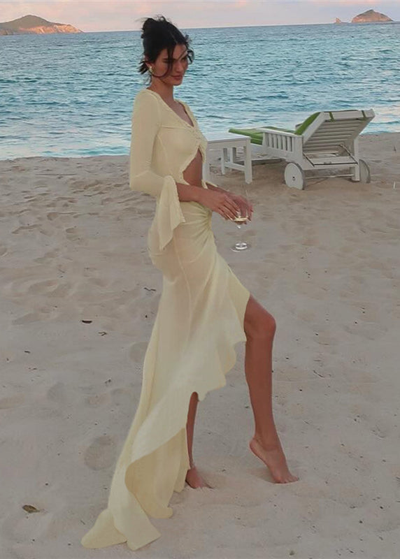 Summer Apricot V Neck Vacation Style Hollow Out Slim Fit Dress