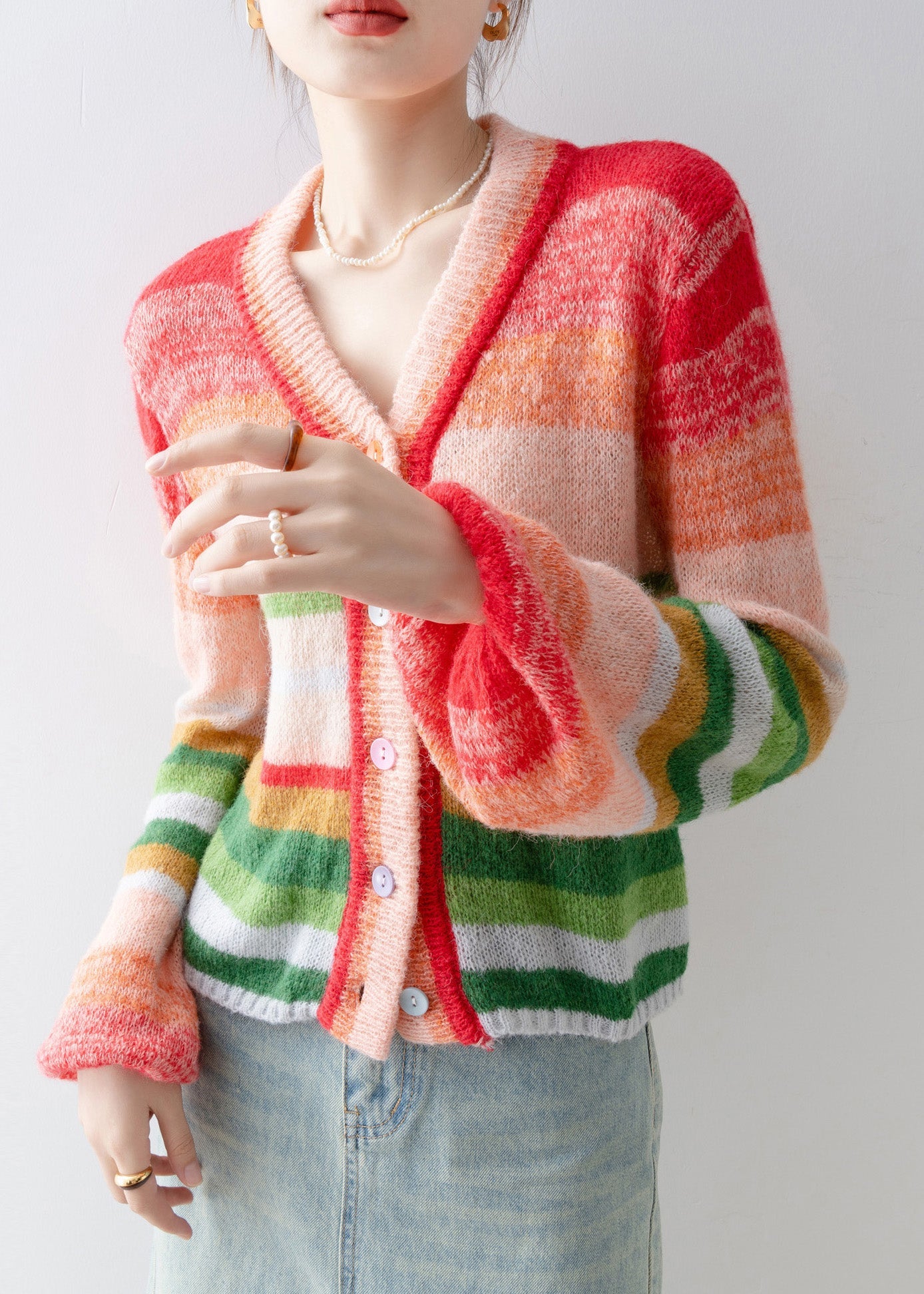 New V Neck Striped Button Knit Cardigans Spring
