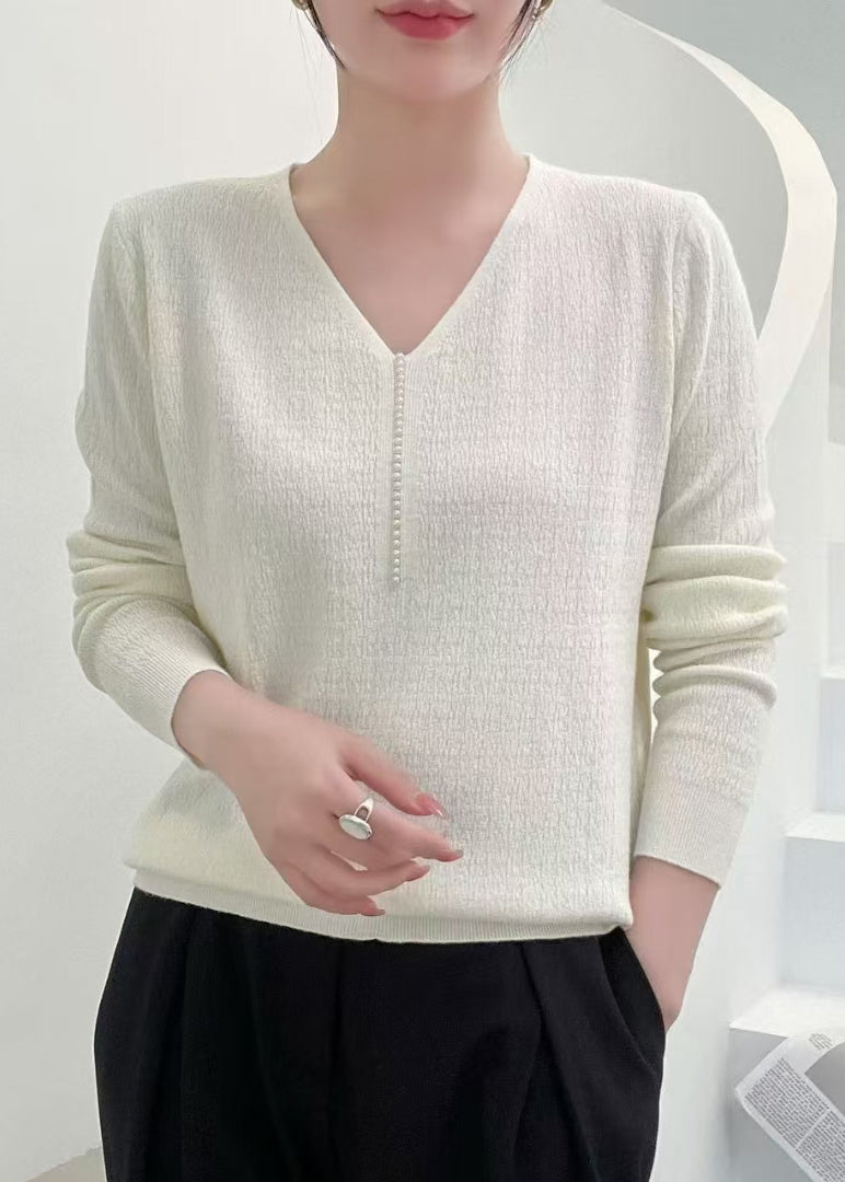 Pink V Neck Nail Bead Knit Sweater Fall