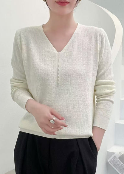 Pink V Neck Nail Bead Knit Sweater Fall