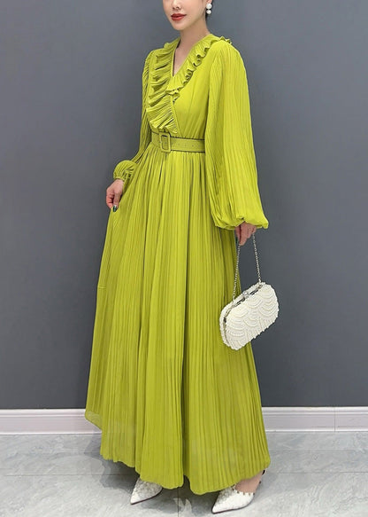 New Green V Neck Wrinkled Cotton Long Dress Fall